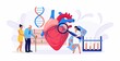 Cardiology, cardiovascular heart diagnostics. Cardiologist doctor consulting elder patient about heart disease, medical check up. Transplantation research, heart attack, hypertension, diabetes. Vector