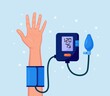 Man Checking Arterial Blood Pressure. Human Hand with Tonometer. Medical Equipment for Diagnose Hypertension, Heart Disease. Measuring, Monitoring Health. Vector design