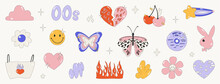 Collection On The Theme Of The 00s. Set Of Icons - Hearts, Butterflies, Flame, Badges And Stickers. Glamorous Vector Illustration Y2k. Nostalgia For The 2000 Years. Vector Isolated Illustrations.