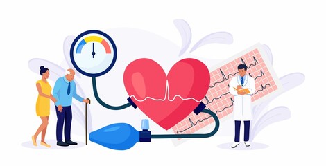 Wall Mural - Hypotension, hypertension disease. Tiny cardiologist measuring high blood pressure with tonometer. Doctor consulting elderly patient about cardiological disease Medical examination, cardiology checkup