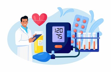 Wall Mural - Hypotension or hypertension disease. Doctor writing results of cardiology checkup, sphygmomanometer, blood test tubes, medications on background. Cardiologist measuring patients blood pressure, pulse.