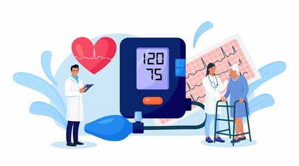 Wall Mural - Hypotension, hypertension disease. Tiny cardiologist measuring high blood pressure with tonometer. Doctor consulting elderly patient about cardiological disease Medical examination, cardiology checkup