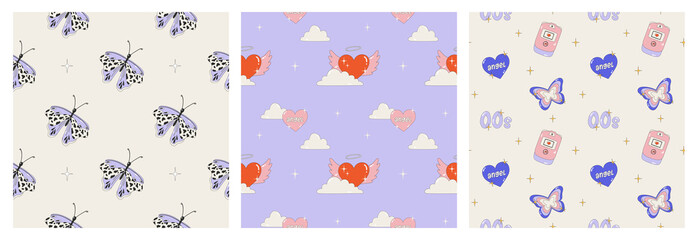 Wall Mural - set of seamless patterns in the style of the 2000s. posters with butterflies, hearts, wings and clou