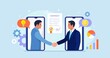 Online agreement. Handshake after successful negotiations, signing contract. Business people shaking hands on smartphones screen. Collaboration and communication, corporate business. Vector design
