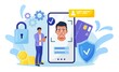 Face recognition and data safety. Man getting access to data after biometrical checking. Person holds phone and scans the  face with mobile application. Biometric identification, face ID system Vector