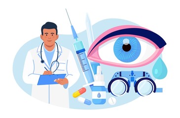 Wall Mural - Ophthalmology medicine and optical eyesight examination. Idea of eye care and vision. Ophthalmologist doctor tests myopia. Patient sight correction, treatment with pills drops and glasses. Vector 