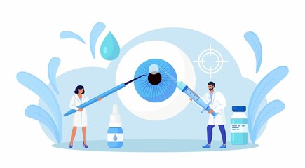 Wall Mural - Ophthalmology, eye surgery. Ophthalmological operation treatment for eye disease.Tiny oculist in uniform making eyesight laser correction. Eyes care activity. Doctor checking patient vision. Vector 