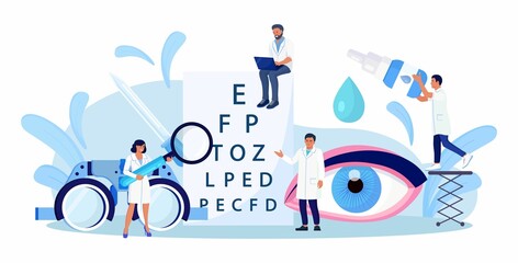 Wall Mural - Ophthalmology concept. Ophthalmologist Doctor Checks Patient Eyesight. Optical Test for Eyes. Good Vision and Care. Oculist Pointing at Eye Test Chart. Ophthalmological Sight Examination and Treatment