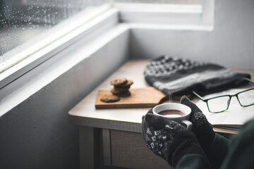 Poster - Hands with winter gloves holding a cup of hot chocolate