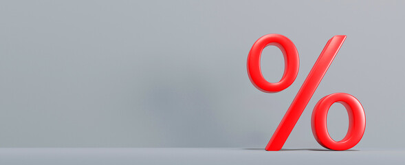 Red percentage sign icon on gray background, 3D rendering illustration