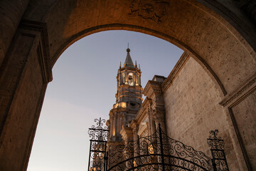 evening glow of church in Arequipa, Peru