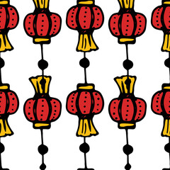 a pattern of red Chinese lanterns. Seamless pattern of hand-drawn Japanese red street lamp with a pattern of stripes of yellow patterned tassels, black outline on a white background for a design templ