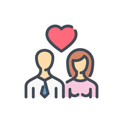 Poster - Love relationship color line icon. Man and woman with heart above vector outline colorful sign.