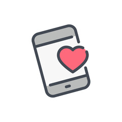 Poster - Mobile phone with heart color line icon. Online dating and Send a like vector outline colorful sign.