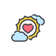 Poster - Cloud and sun with heart color line icon. Love weather vector outline colorful sign.