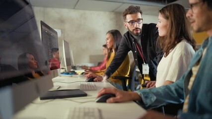 Aufkleber - Lecturer Helps Scholar with Project, Advising on Their Work. Teacher Giving Lesson to Diverse Multiethnic Group of Female and Male Students in College, Teaching Computer Science and Writing Code.