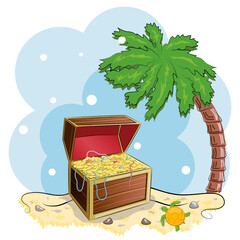 Opened wooden chest with treasures on the beach with palm trees.