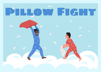 Poster - Pillow fight poster flat vector template. Happy siblings playing together. Brochure, booklet one page concept design with cartoon characters. Happy family flyer, leaflet with copy space