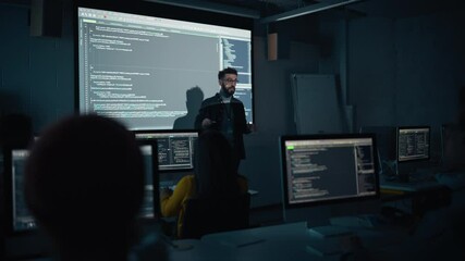 Aufkleber - Teacher Giving Computer Science Lecture to Diverse Multiethnic Group of Female and Male Students in Dark College Room. Projecting Slideshow with Programming Code. Explaining Information Technology.
