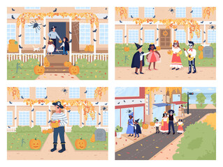 Poster - Trick or treat on Halloween flat color vector illustration set. Kids go to trick or treat. Autumn holiday celebration. People in costumes 2D cartoon characters with outdoors on background collection