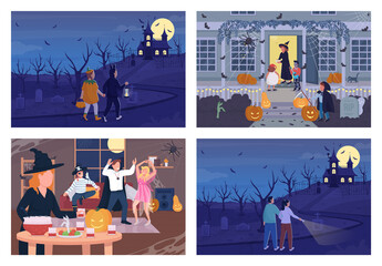 Poster - Halloween night celebration flat color vector illustration set. Autumnal holiday tradition. Haunted mansion. Celebrating people 2D cartoon characters with outdoors on background collection