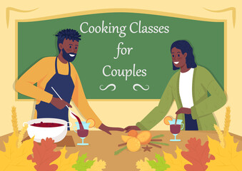 Poster - Fall cooking classes for couples poster flat vector template. Autumn activity. Brochure, booklet one page concept design with cartoon characters. Dating flyer, leaflet with copy space