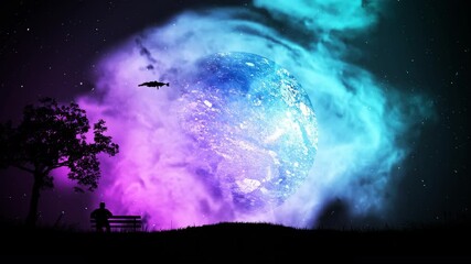 4k time lapse animation of a silhouette of a man sitting on a bench in nature under a tree with a panorama of the starry sky with falling meteors and a planet in a beautiful nebula.