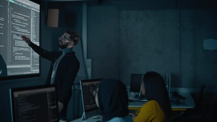 Aufkleber - Teacher Giving Computer Science Lecture to Diverse Multiethnic Group of Female and Male Students in Dark College Room. Projecting Slideshow with Programming Code. Explaining Information Technology.