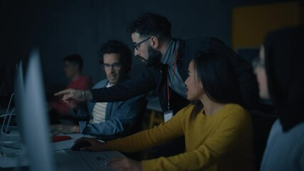 Aufkleber - Lecturer Helps Scholar with Project, Advising on Their Work. Teacher Giving Lesson to Diverse Multiethnic Group of Female and Male Students in College Room, Teaching New Academic Skills on a Computer.