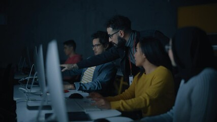 Aufkleber - Lecturer Helps Scholar with Project, Advising on Their Work. Teacher Giving Lesson to Diverse Multiethnic Group of Female and Male Students in College Room, Teaching New Academic Skills on a Computer.