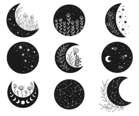 vector hand drawn celestial collection for decoration. moon clipart. crescent, stars, constellation.