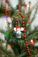 Close Up Cute Mouse In Thimble Ornament Hanging On Christmas Tree