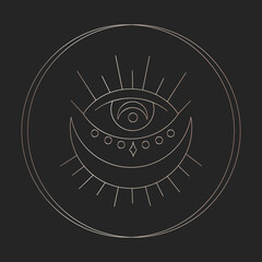 Mystic boho ritual eye symbol. Hand drawn golden gradient astrology element. Magic icon in doodle aesthetics design. Esoteric icon in circle on black background. Vector magic esoteric eye.