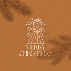 Wall Mural - Christmas Vector Boho Style Decorative Label Layout. Spruce Branches Shadow Overlay with Holiday Arch and Star. Contemporary Art Season Greeting Background Design for Cover, Apparel Print, Wallpaper