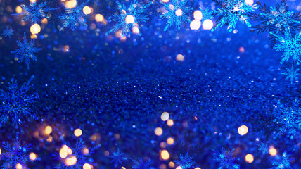 Wall Mural - dark abstract christmas background. bright colored blurred lights, bokeh. neon glow, snowflakes.