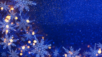 Wall Mural - dark abstract christmas background. bright colored blurred lights, bokeh. neon glow, snowflakes.