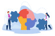 Doctors connecting puzzle of personality in head. Team of tiny people putting pieces of jigsaw together flat vector illustration. Mental health, psychological support, treatment and help concept
