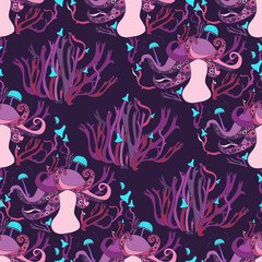  Fantasy seamless pattern with various mushrooms. Beautiful magic damask pattern, hand drawn concept background. Vector illustration