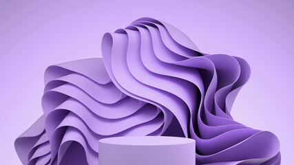 3d mock-up podium with abstract wavy cloth. Geometric background in lavender colors. Abstract Modern platform for product or cosmetics presentation. Bright Stylish contemporary backdrop. Render scene.
