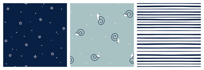 Wall Mural - Snail vector seamless pattern set for baby boy clothing. Cute cartton mollusca repeat design.