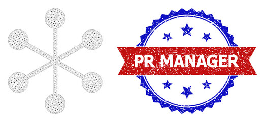 Pr Manager rubber seal print, and net structure icon polygonal structure. Red and blue bicolored seal includes Pr Manager tag inside ribbon and rosette. Abstract flat mesh net structure,