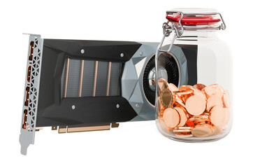 Poster - video card gpu with glass jar full of golden coins, 3d rendering