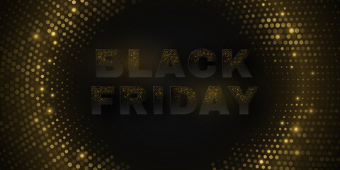 Poster - Glittering background for Black Friday sale. Abstract golden halftone effect. Fashion advertising promotion template. Commercial discount event. Vector business illustration
