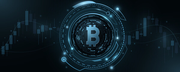 Poster - Bitcoin cryptocurrency with HUD elements. Candlestick pattern. Digital coin BTC for business banner or presentation. Futuristic technology concept. Blockchain for graphic design. Vector