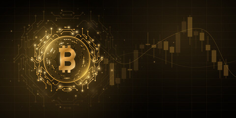 Poster - Bitcoin cryptocurrency with candlestick price pattern. Digital coin BTC for technology banner, website or presentation. Futuristic business concept. Blockchain for graphic design. Vector