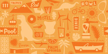 Palm Springs Repeating Pattern | Coachella Valley Landmarks Illustration | Mid Century Seamless  Wallpaper | Retro Vector Design