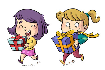 Illustration of two little girls with gifts in their hands