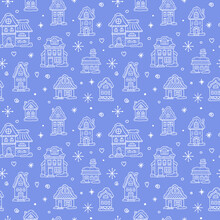 Winter Houses For Christmas. Seamless Pattern. Vector Illustration. Doodle Elements On A Blue Background.