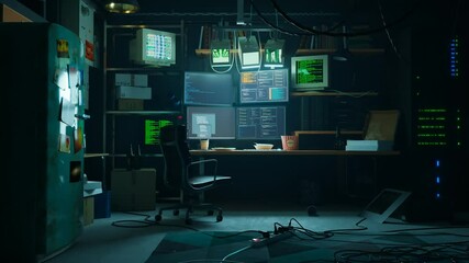 A room filled with computer equipment, furniture and monitors displaying data.