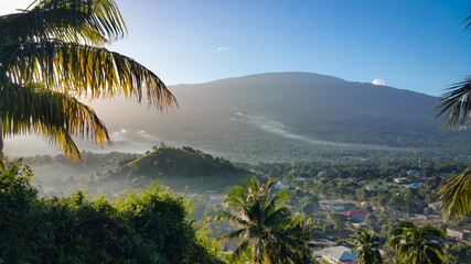 Panorama view to the palm and village on the background in Grand Comoros island during the sunrise.